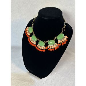 J. Crew Sage Green & Orange Fan Fringe Statement Necklace Beaded Reto Gold Tone